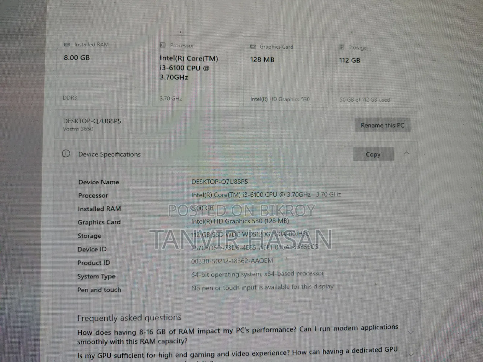 Desktop Computer Dell 8GB Intel Core i3 SSD 128GB