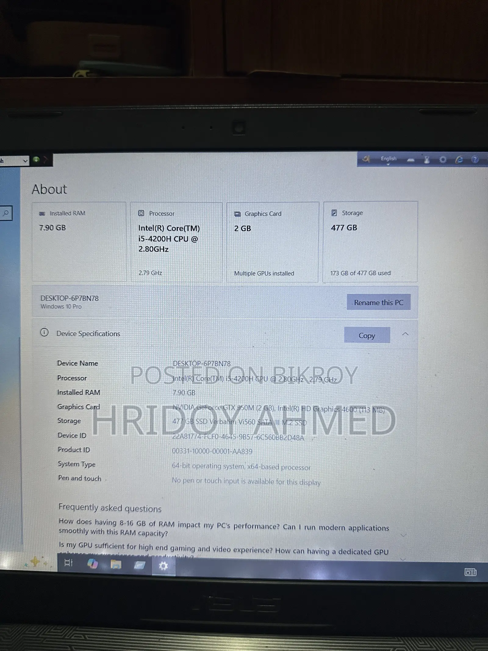Asus Laptop 8GB Intel Core i5 SSD 640GB