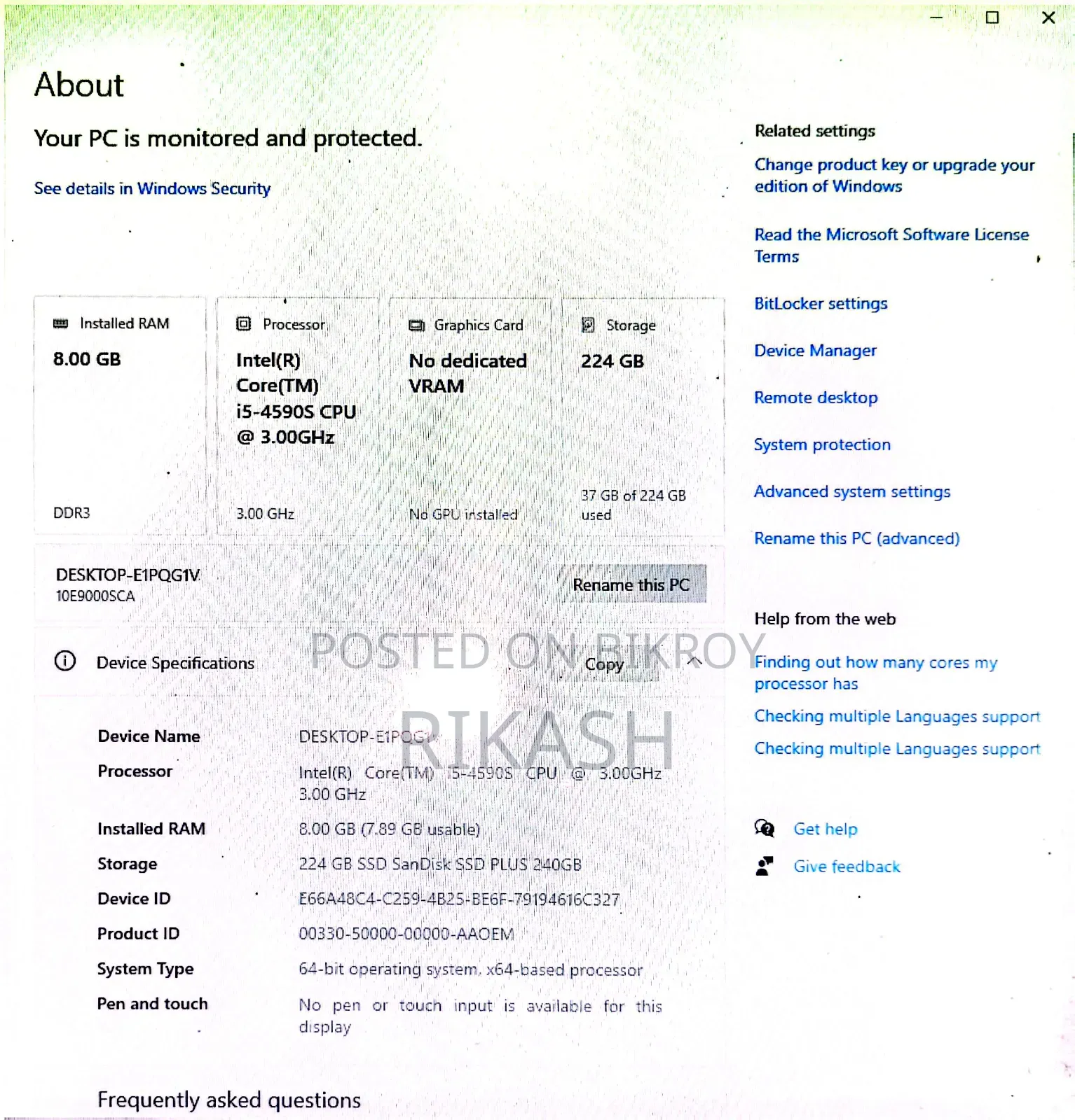 Desktop Computer Lenovo 8GB Intel Core i5 SSD 256GB