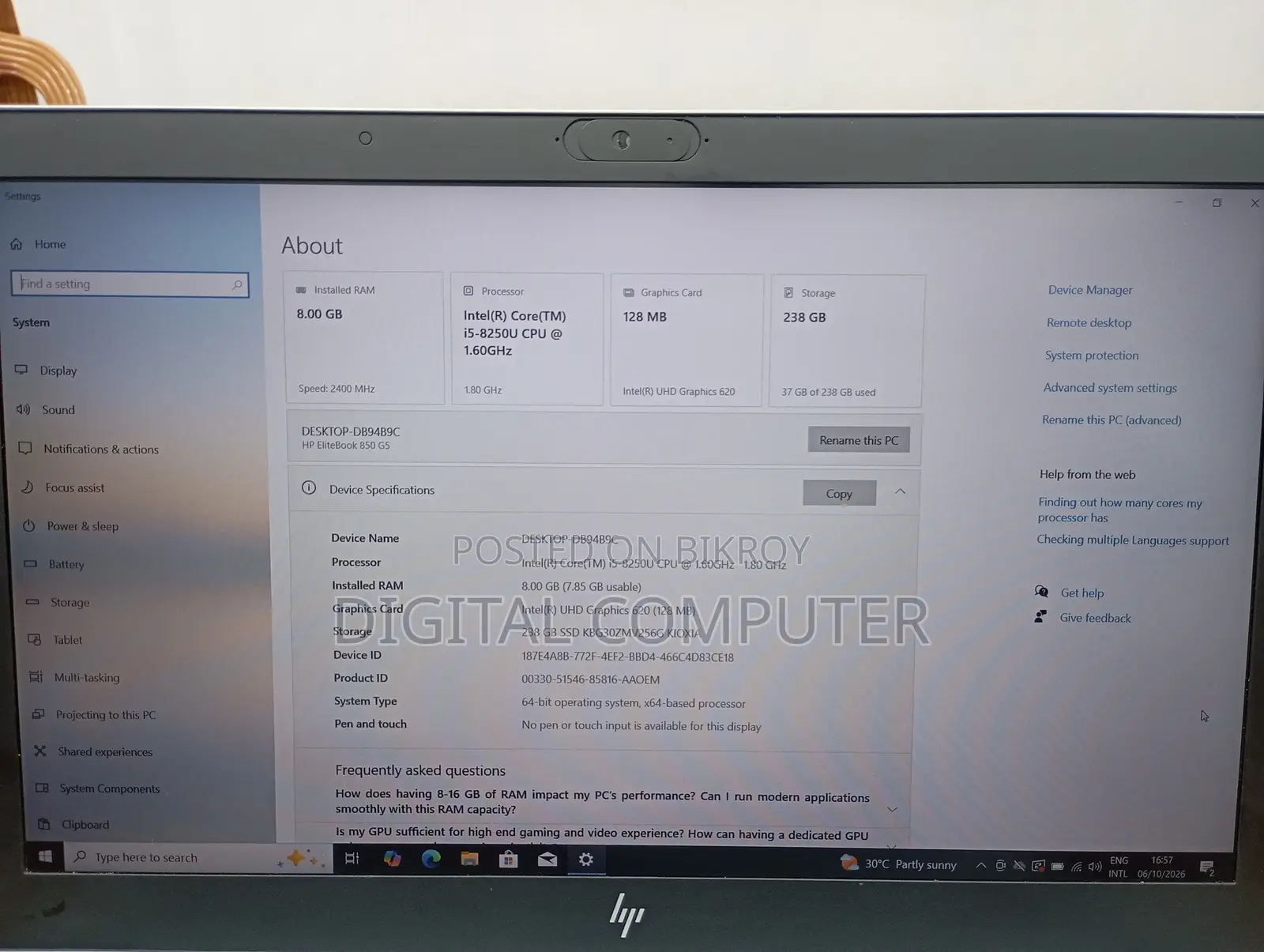 Laptop HP EliteBook 850 G6 8GB Intel Core i5 SSD 256GB