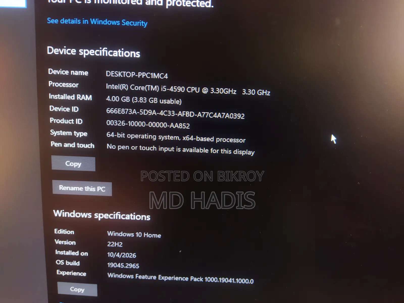 Desktop Computer MSI model 4GB Intel Core i5 SSD 500GB