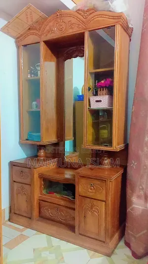 Wooden Carved 2-in-1 Dressing Table & Showcase - With Large Mirror