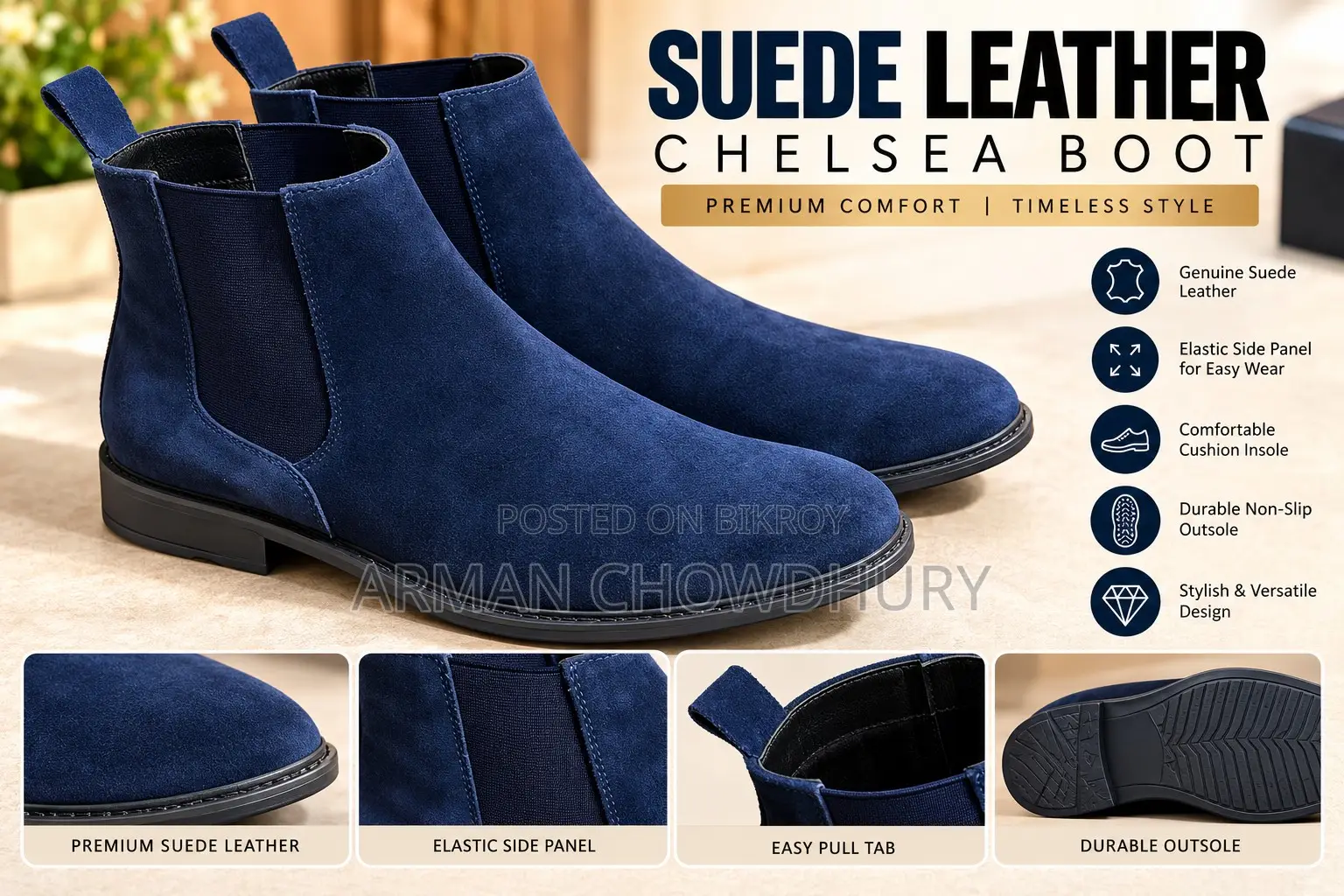 Premium Navy Blue Suede Chelsea Boots | Brand New | Men's Boots