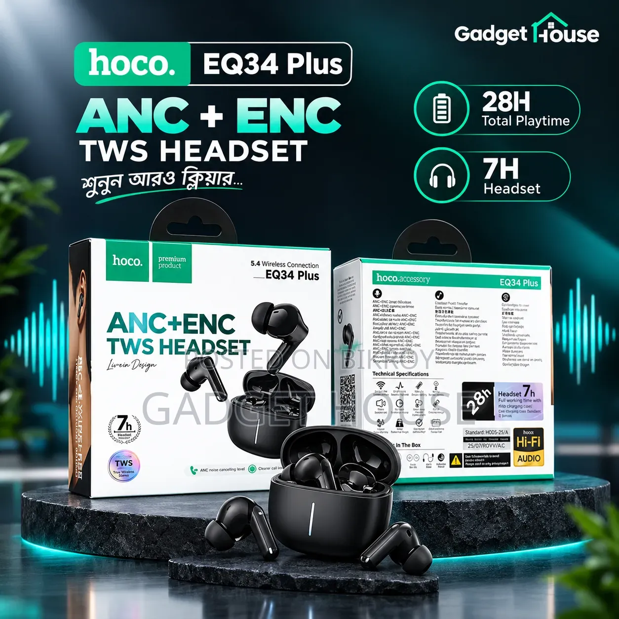 EQ34 প্লাস রিমা ANC+ENC TWS ইয়ারবাড (অ্যাপ সমর্থিত) দীর্ঘ ৭-ঘণ্টার প্লেটাইম