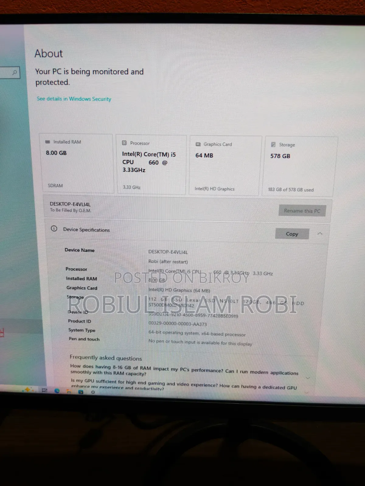 Desktop Computer 8GB RAM Intel Core i5 HDD+SSD 512GB