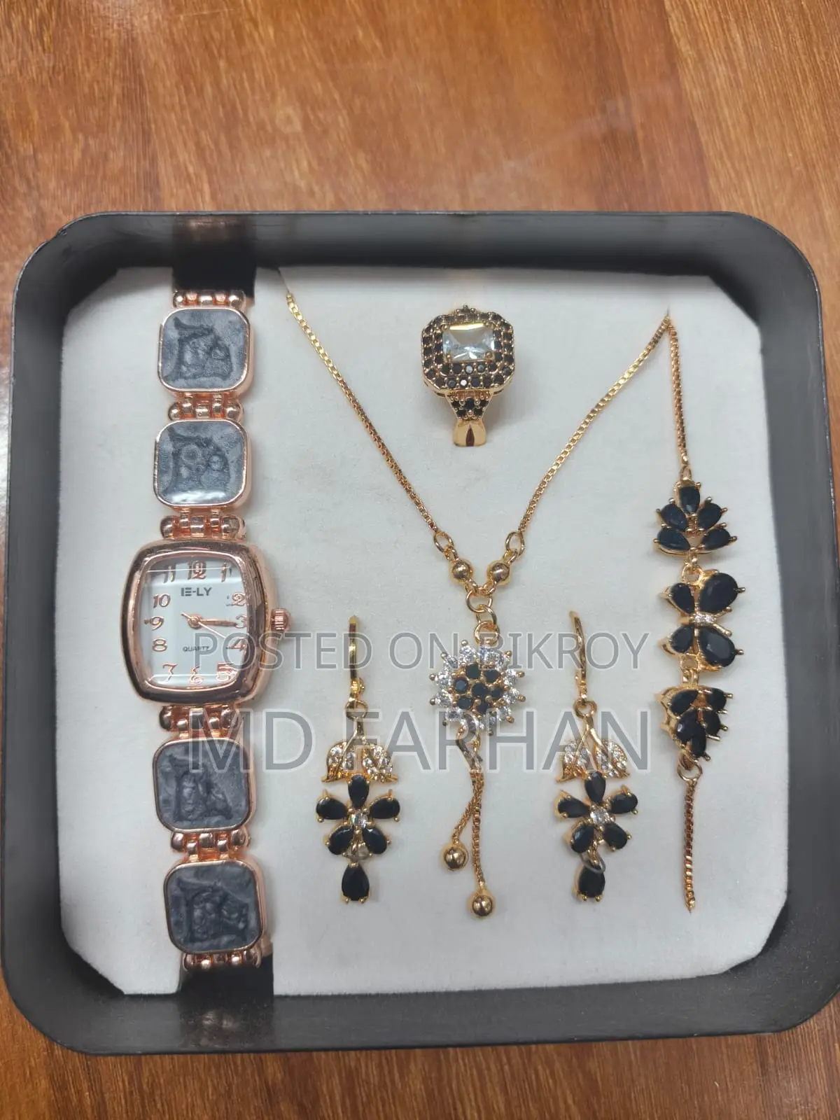 Premium Black & Gold Jewelry With Watch Gift Set