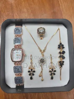Premium Black & Gold Jewelry With Watch Gift Set