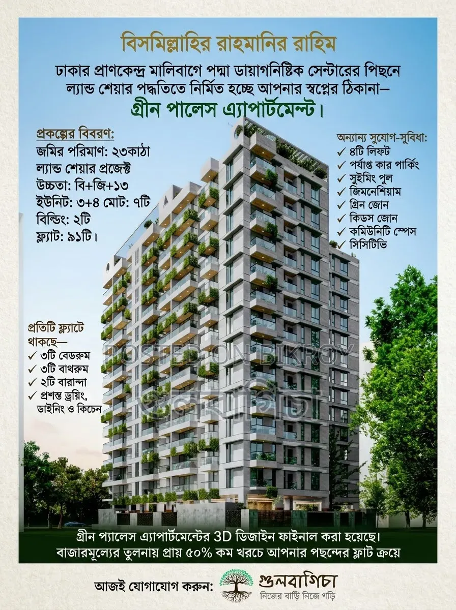 মালবাগের গ্রীন প্লেসে ৩ বেডরুমের অ্যাপার্টমেন্ট বিক্রয়