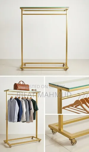 Metal Clothes Hanger Stand with Glass Shelf (With Wheels)