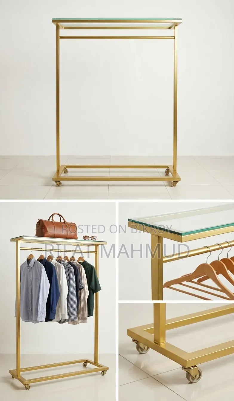 Metal Clothes Hanger Stand with Glass Shelf (With Wheels)