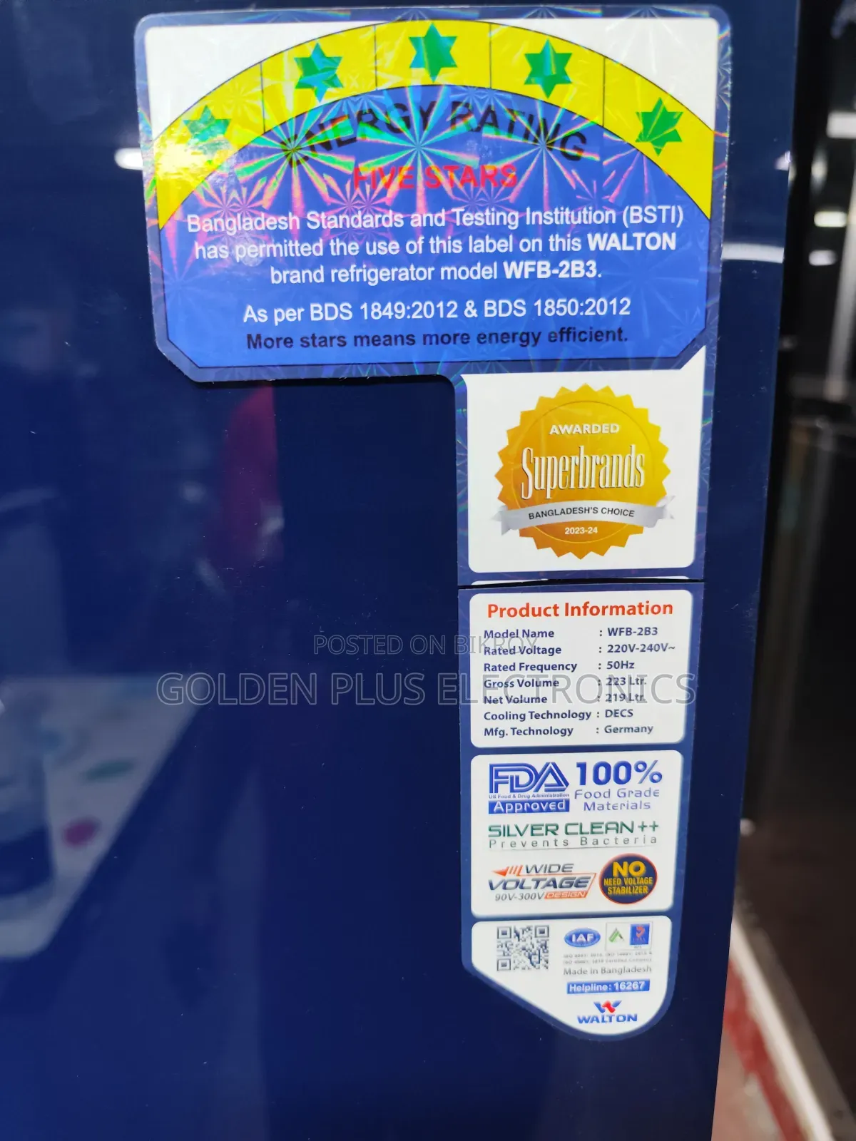 Walton fridge model wfb-2b3-Gdel (223 Liters)