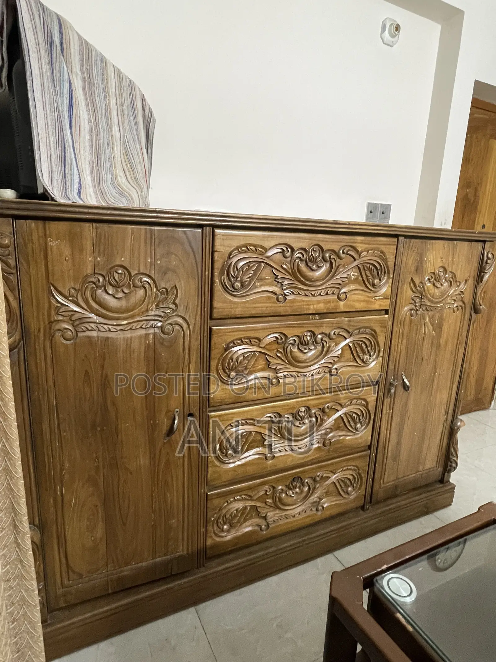 Original Large Solid Akashmoni Wood Carved Wardrobe