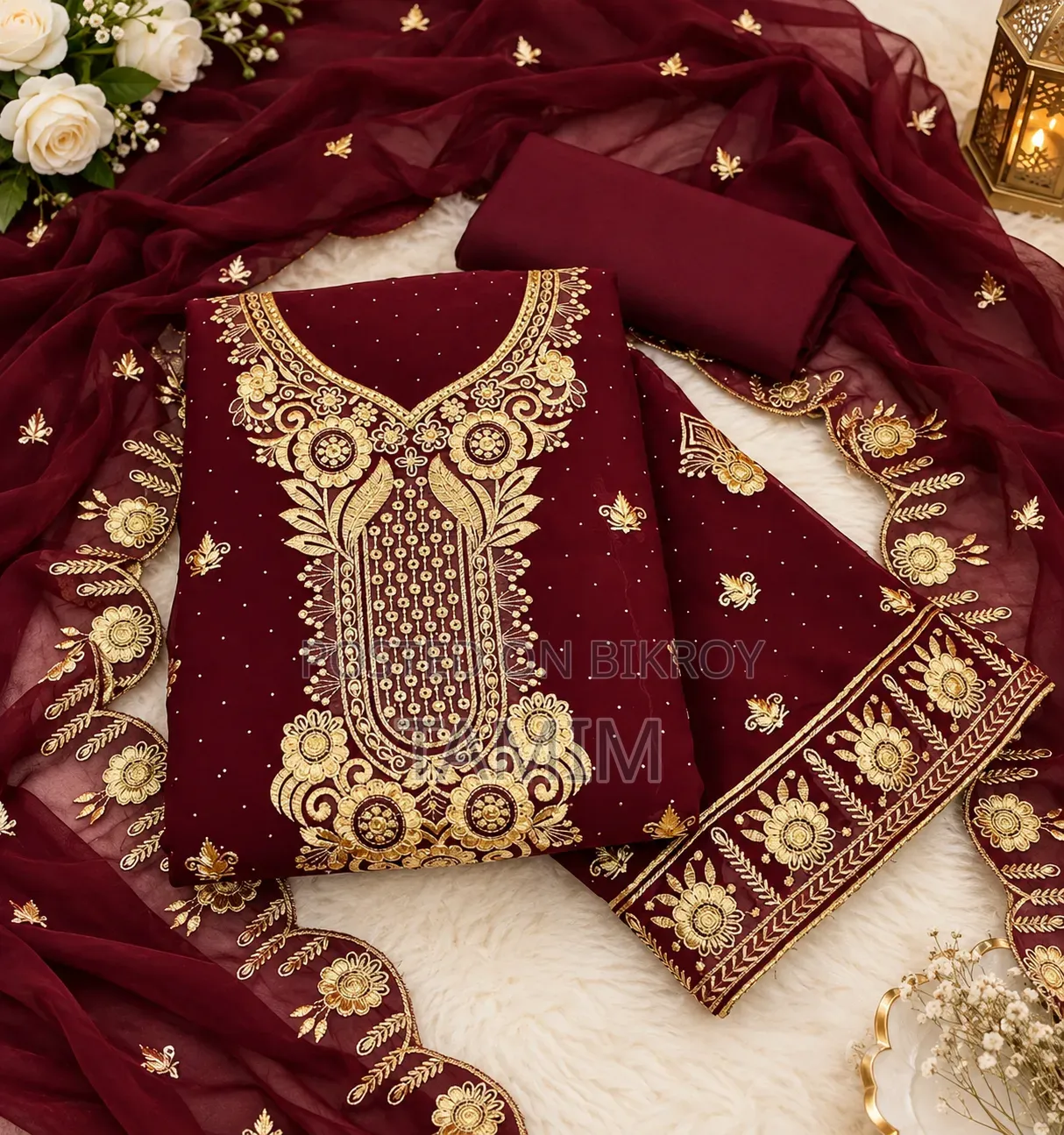 Gorgeous Maroon Georgette Embroidered 4-Piece Party Dress