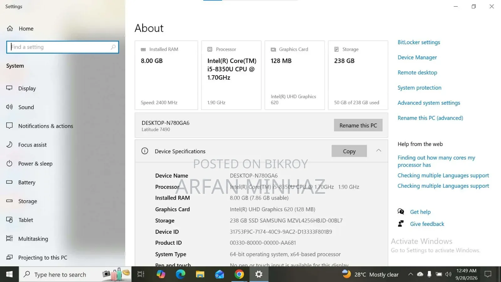 Laptop Dell Latitude 7490 8GB Intel Core i5 SSD 256GB