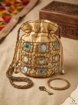 Traditional Golden Mirror Work Potli Bag