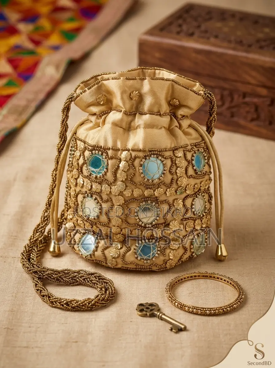 Traditional Golden Mirror Work Potli Bag