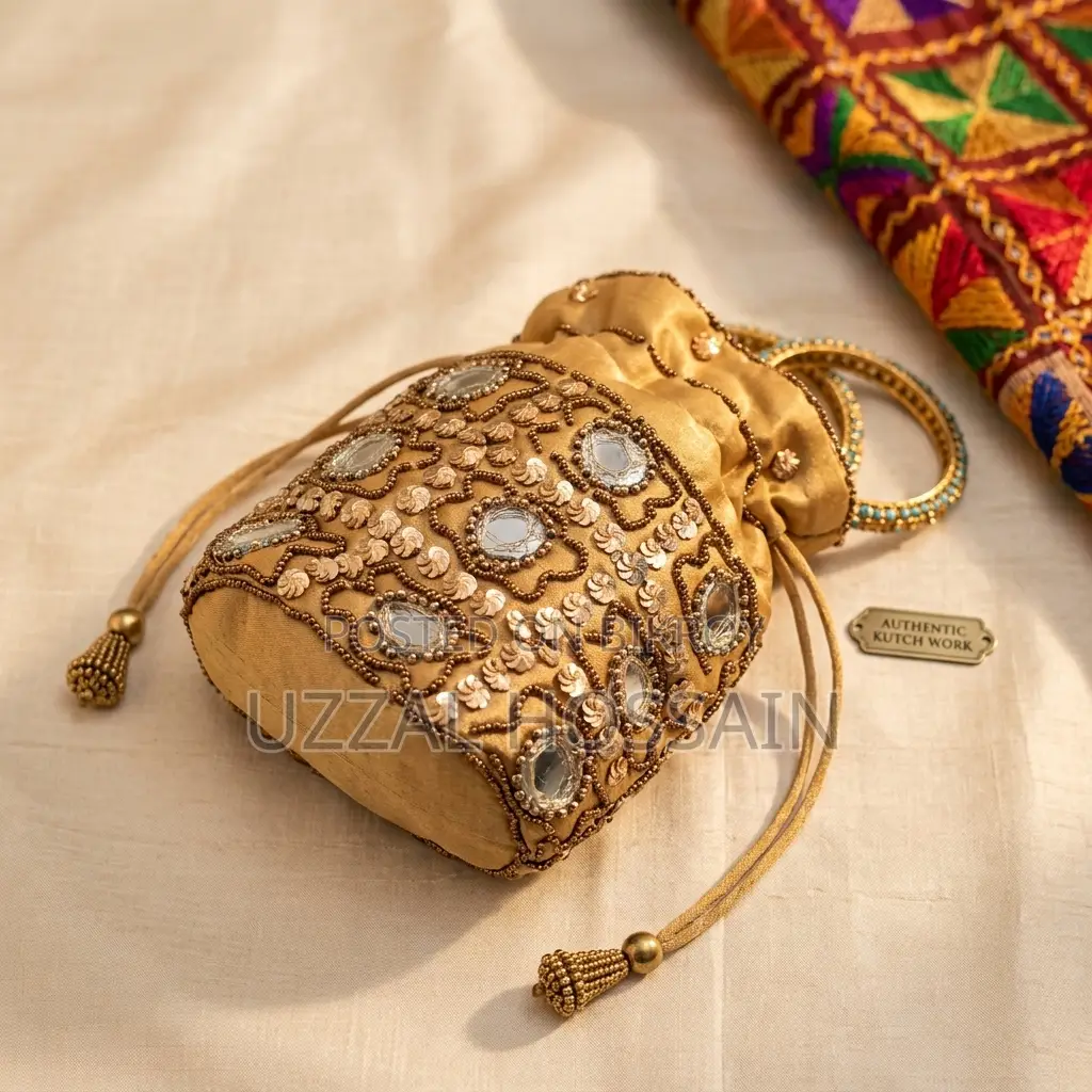 Traditional Golden Mirror Work Potli Bag