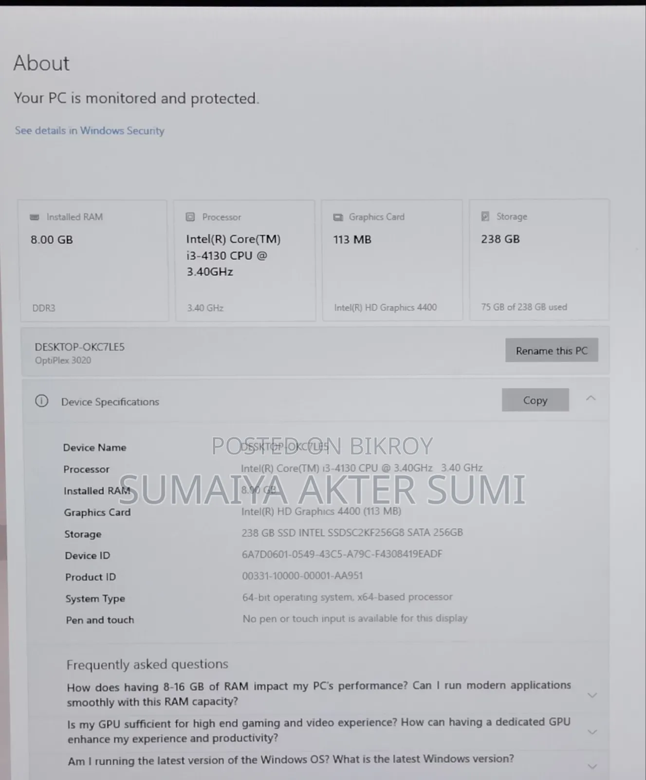 Desktop Computer Dell OptiPlex 3020 8GB Intel Core i3 SSD 256GB