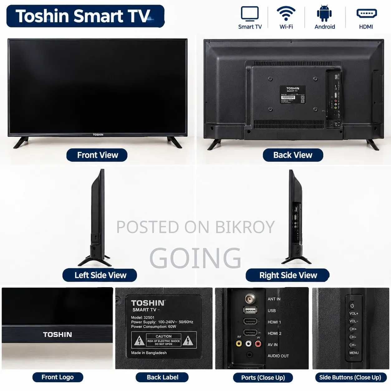 Toshin brand 32-inch Smart LED TV will be sold.