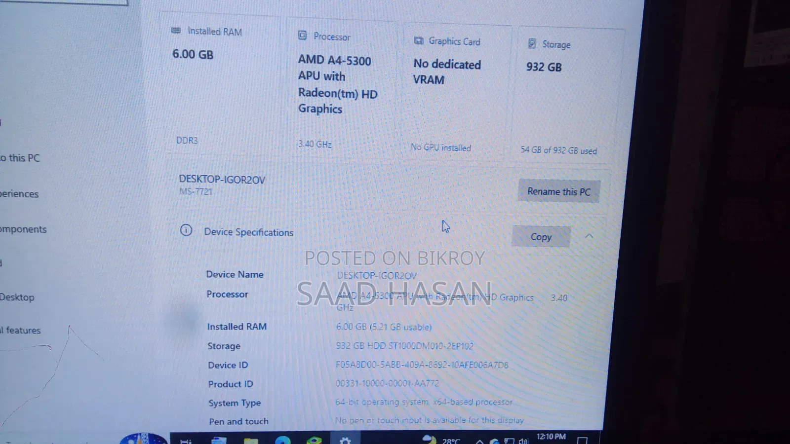 Desktop Computer MSI 6GB AMD A4 HDD 1T