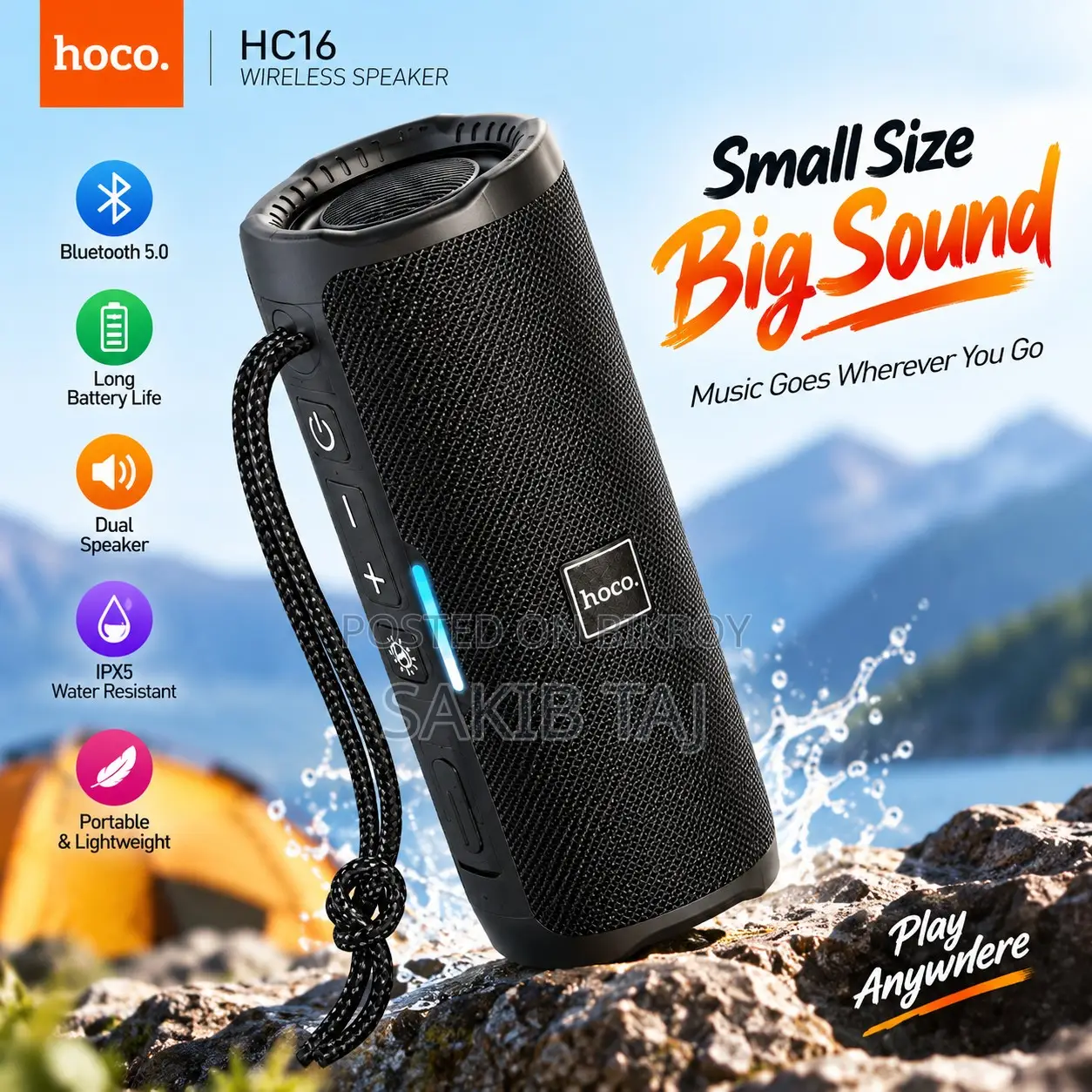 Hoco HC16 ট্রু ওয়ারেলস পোর্টেবল ব্লুটুথ স্পিকার – ১৭বি স্টেরিও সাউণ্ড,