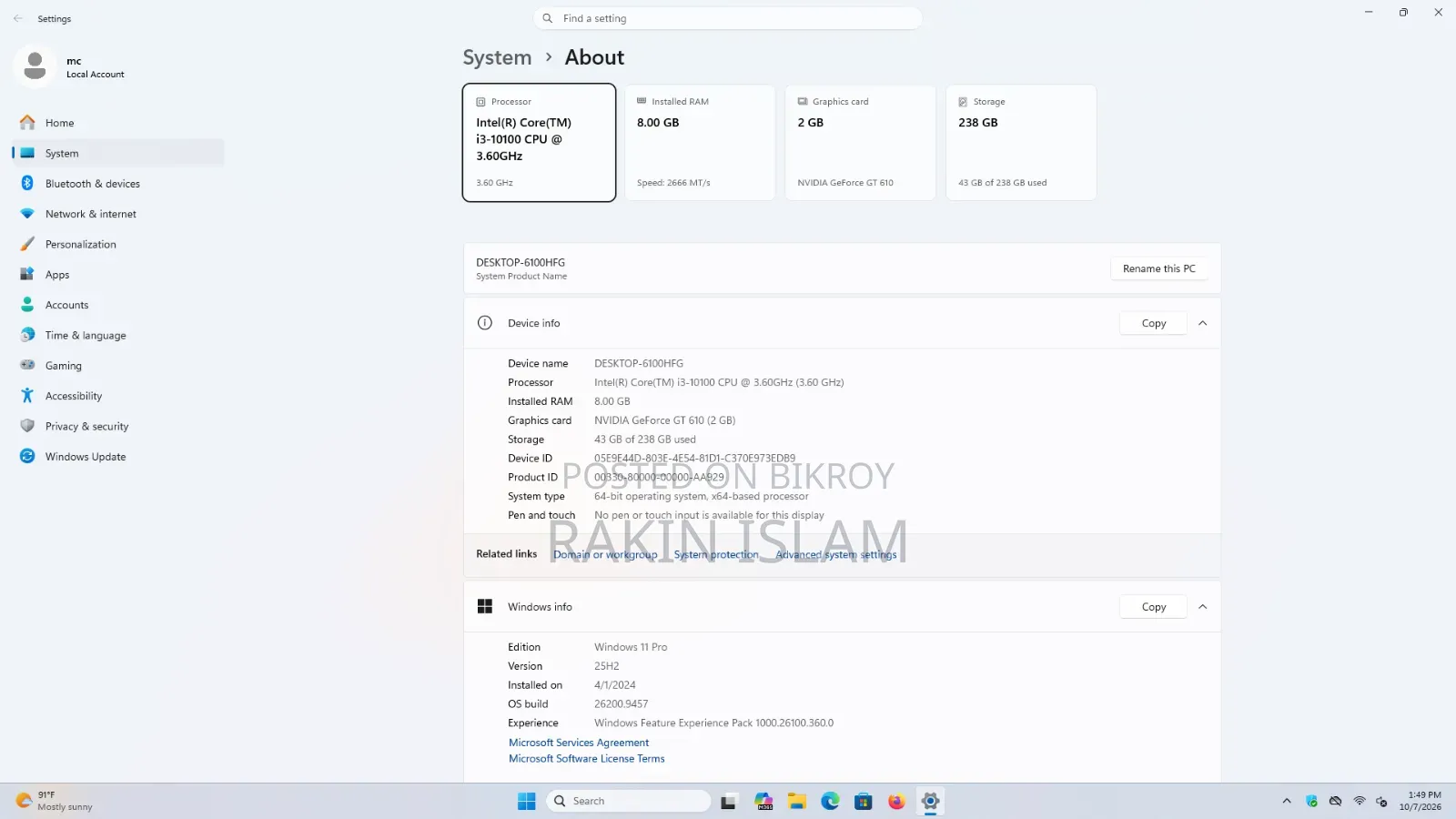 Desktop Computer 8GB Intel Core i3 SSD 256GB