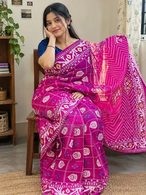 Women's Half Silk Hand Printed Stylish Multi Color Saree