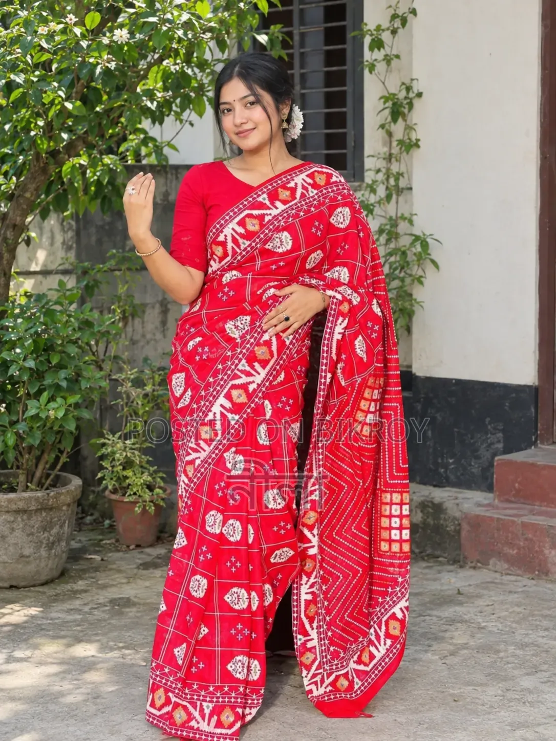 Women's Half Silk Hand Printed Stylish Multi Color Saree