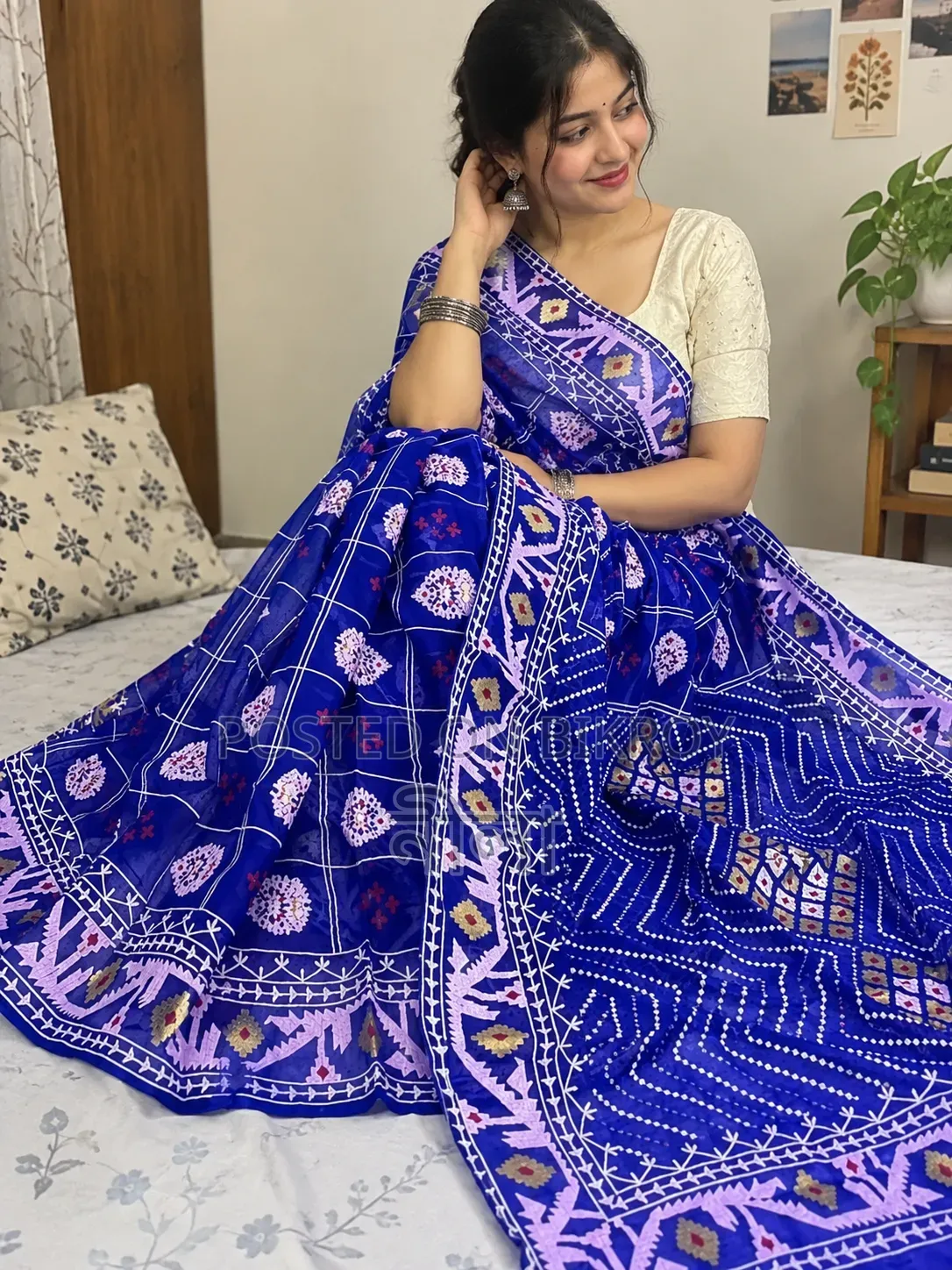 Women's Half Silk Hand Printed Stylish Multi Color Saree