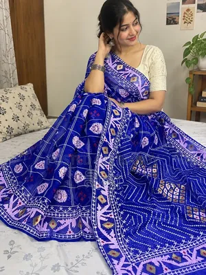 Women's Half Silk Hand Printed Stylish Multi Color Saree