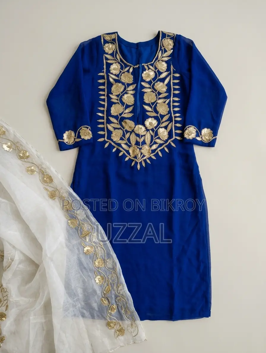 Royal Blue & Ivory White Festive Embroidered Jama & Orna Set
