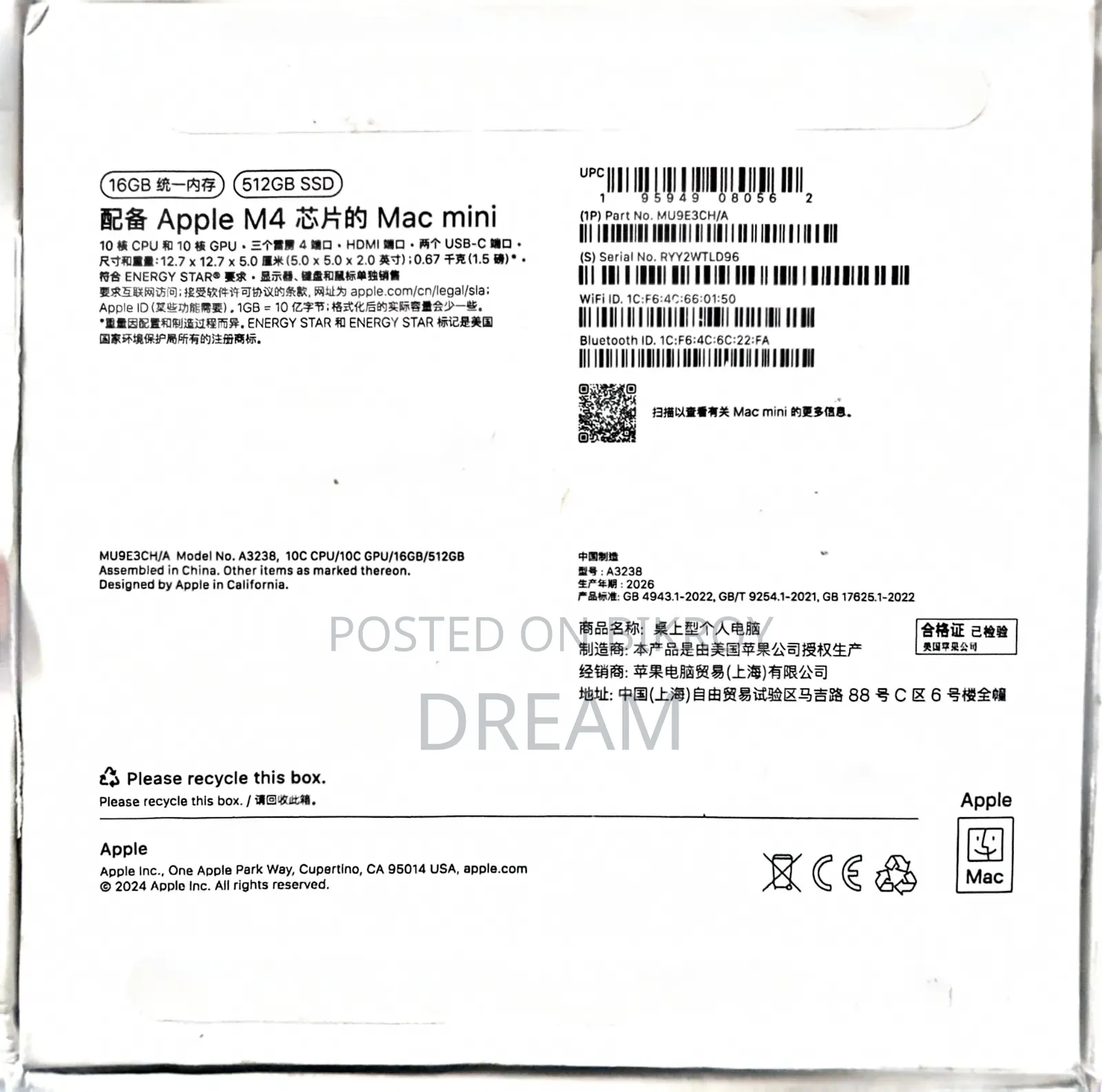 Desktop Computer Apple Mac Mini M4 16GB Apple M4 Hard Disk Drive + Solid State Drive 512GB
