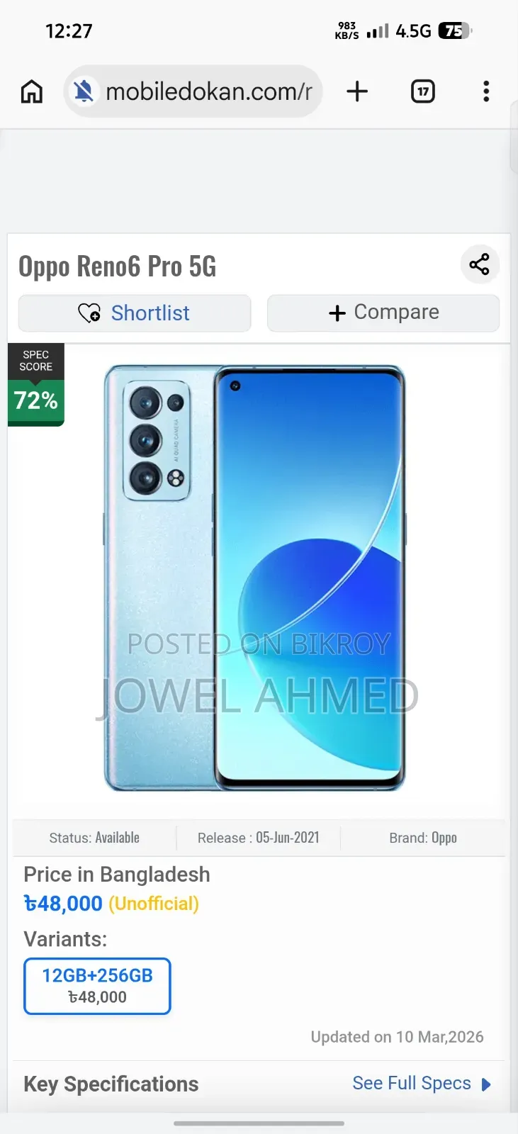 Oppo Reno 256 GB Blue