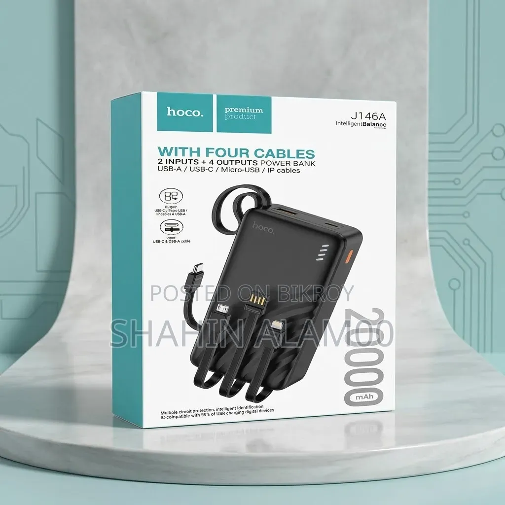 Hoco J146A 20000mAh Power Bank With Built-in 4 Cables