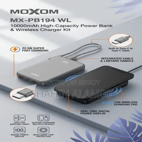 MOXOM MX-PB194 WL 10000mAh Power Bank – 22.5W