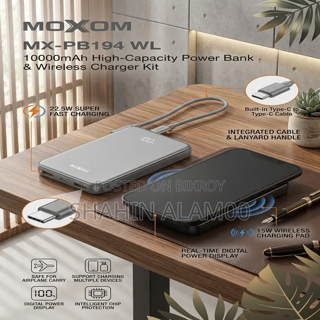 MOXOM MX-PB194 WL 10000mAh Power Bank – 22.5W