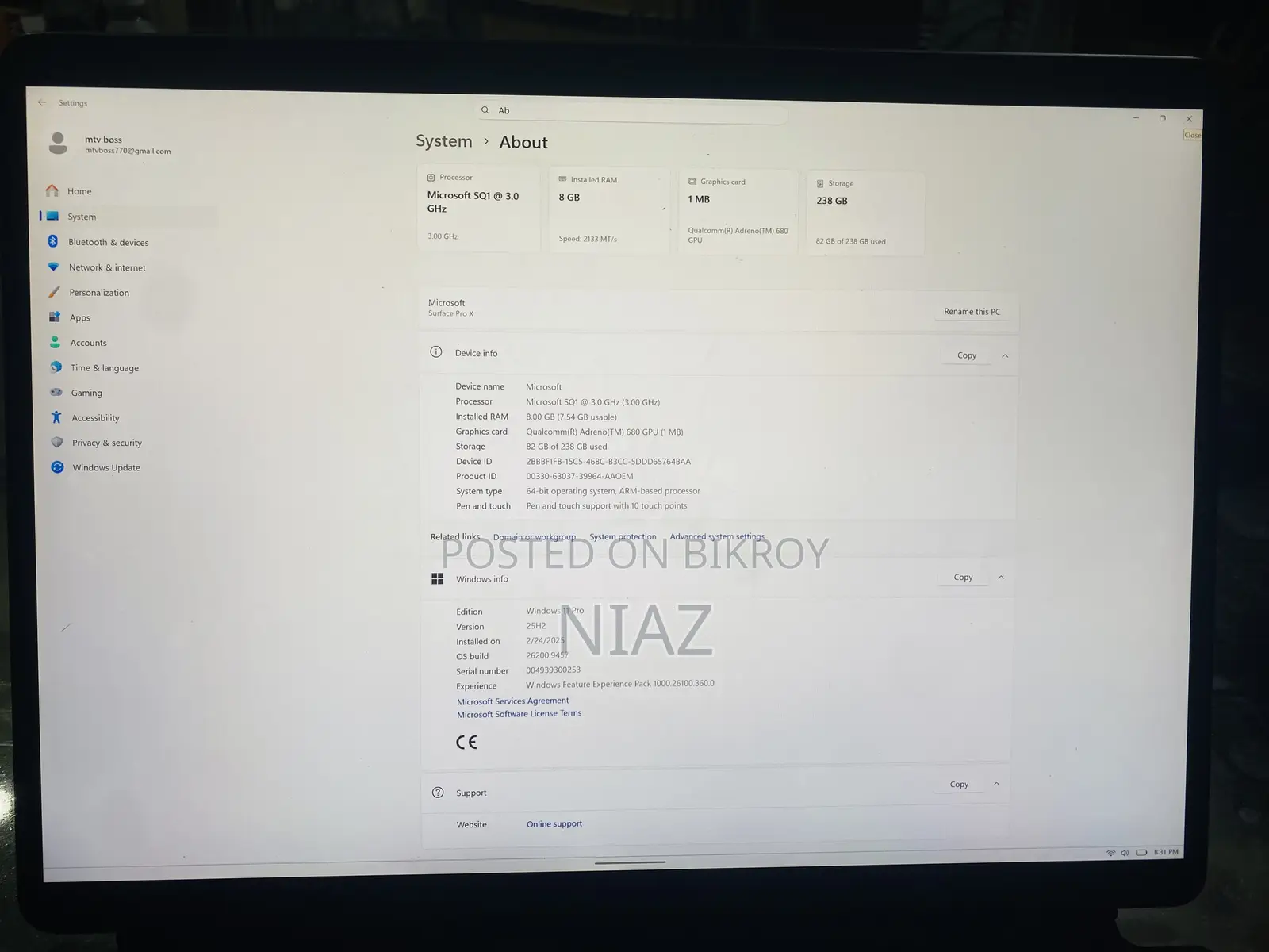 Laptop Microsoft Surface Pro X 8GB SSHD (Hybrid) 256GB