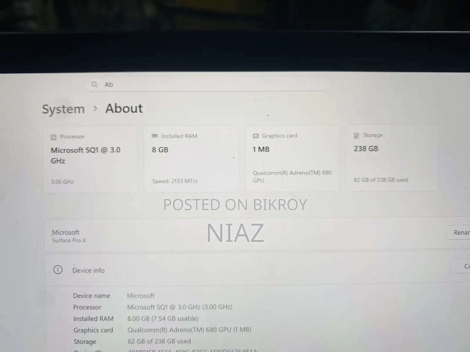 Laptop Microsoft Surface Pro X 8GB SSHD (Hybrid) 256GB