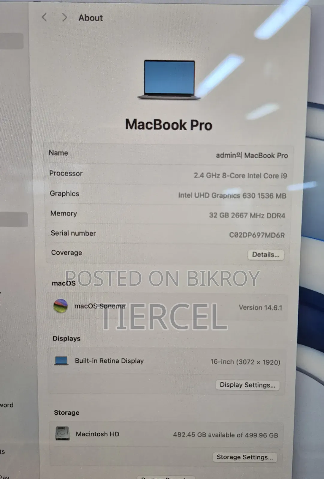 Laptop Apple MacBook 2019 32GB Intel Core Ultra 9 SSD 512GB