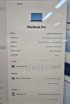 Laptop Apple MacBook 2019 32GB Intel Core Ultra 9 SSD 512GB