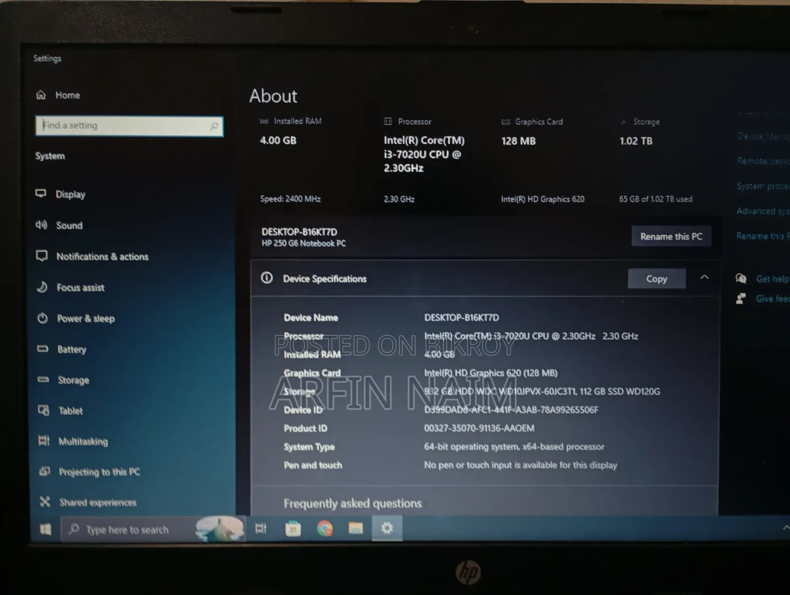ল্যাপটপ HP 250 G6 4GB ইন্টেল কোর i3 HDD+SSD 1T