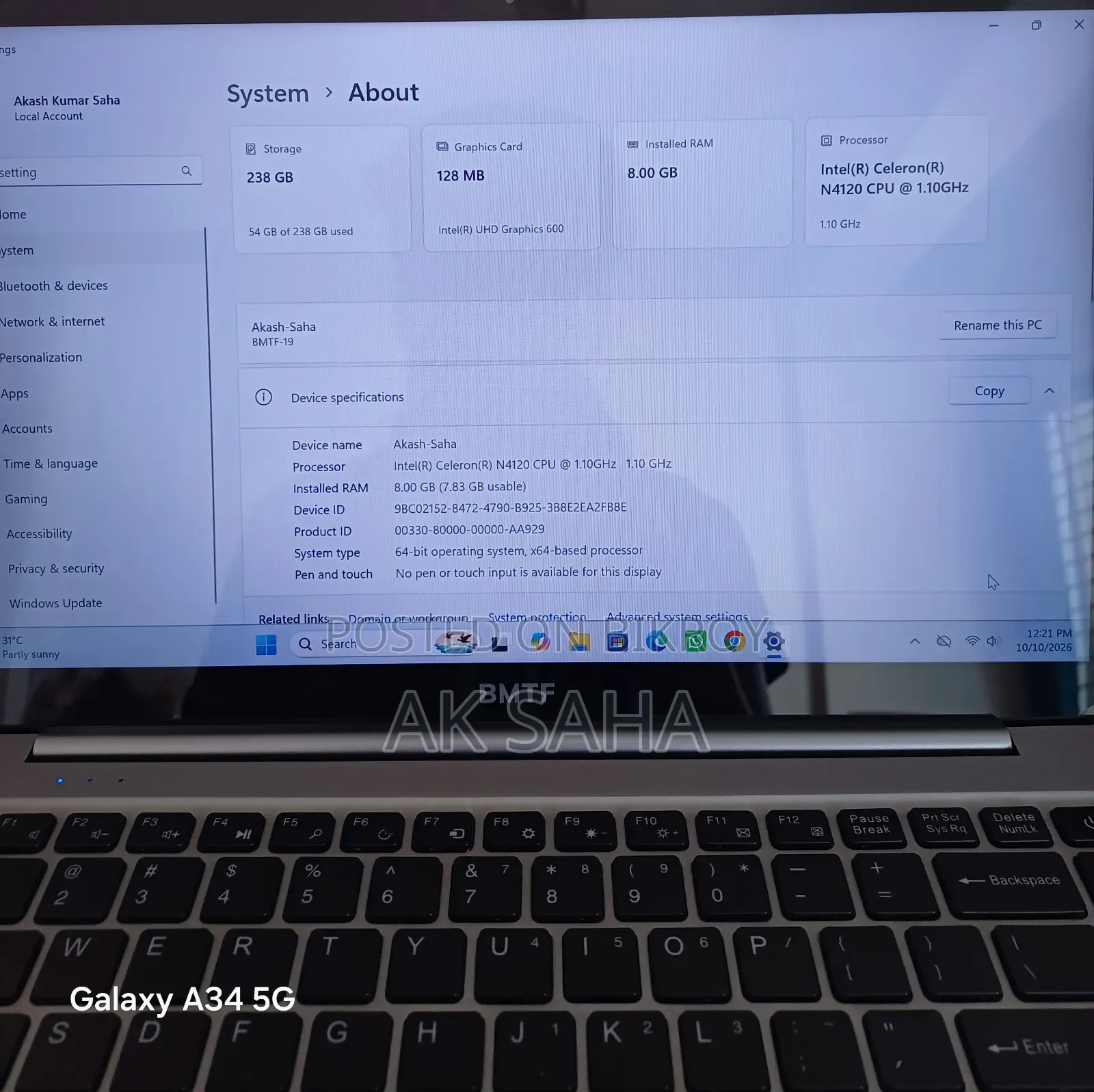Laptop 8GB Intel Celeron SSD 256GB