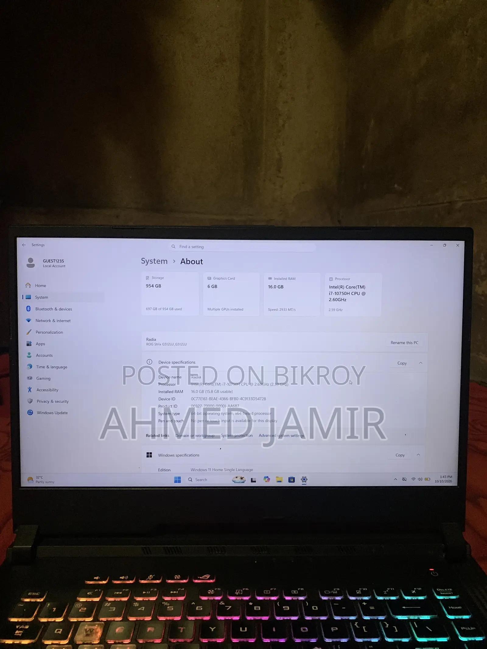 ল্যাপটপ আসুস আরওজি স্ট্রিক্স জি১৫ জি৫১২ ১৬জিবি ইন্টেল কোর আই৭ এসএসডি ১টি