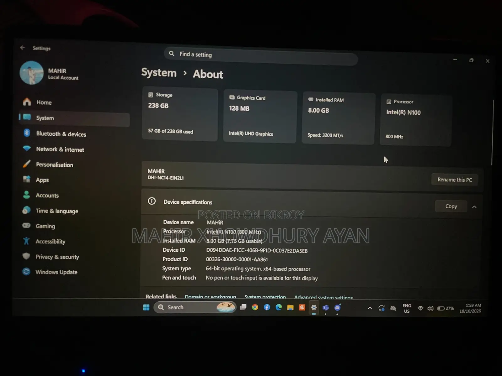 Laptop 8GB Intel SSD 256GB