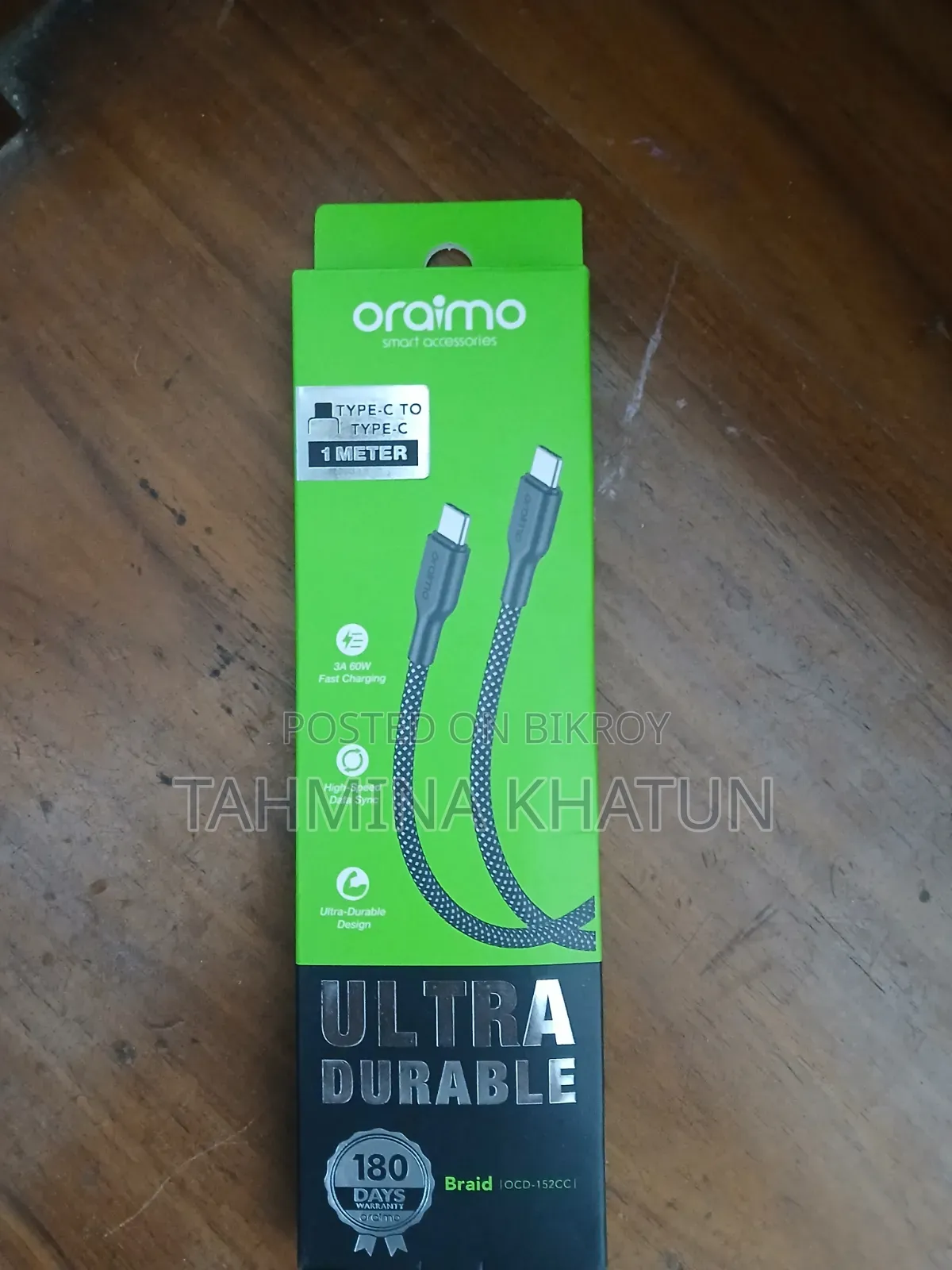 Oraimo OCD-152CC Braid 3A 60W 1m White Type-C to Type-C Cable