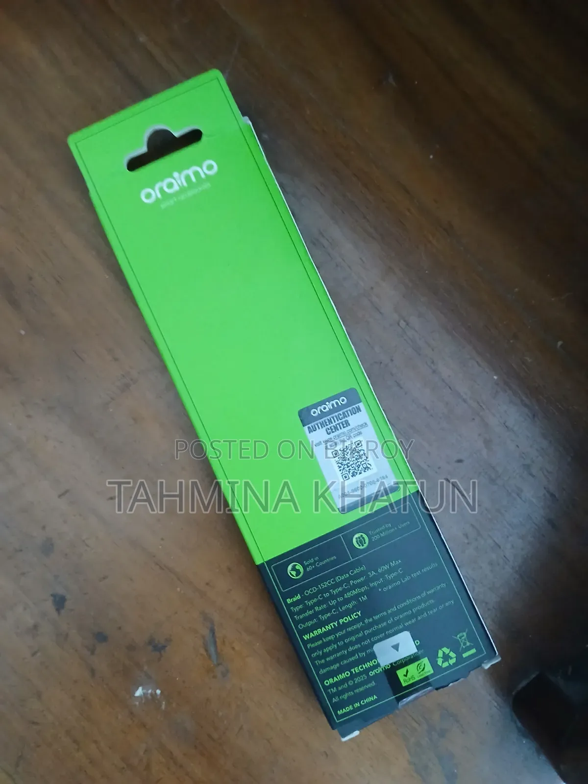 Oraimo OCD-152CC Braid 3A 60W 1m White Type-C to Type-C Cable