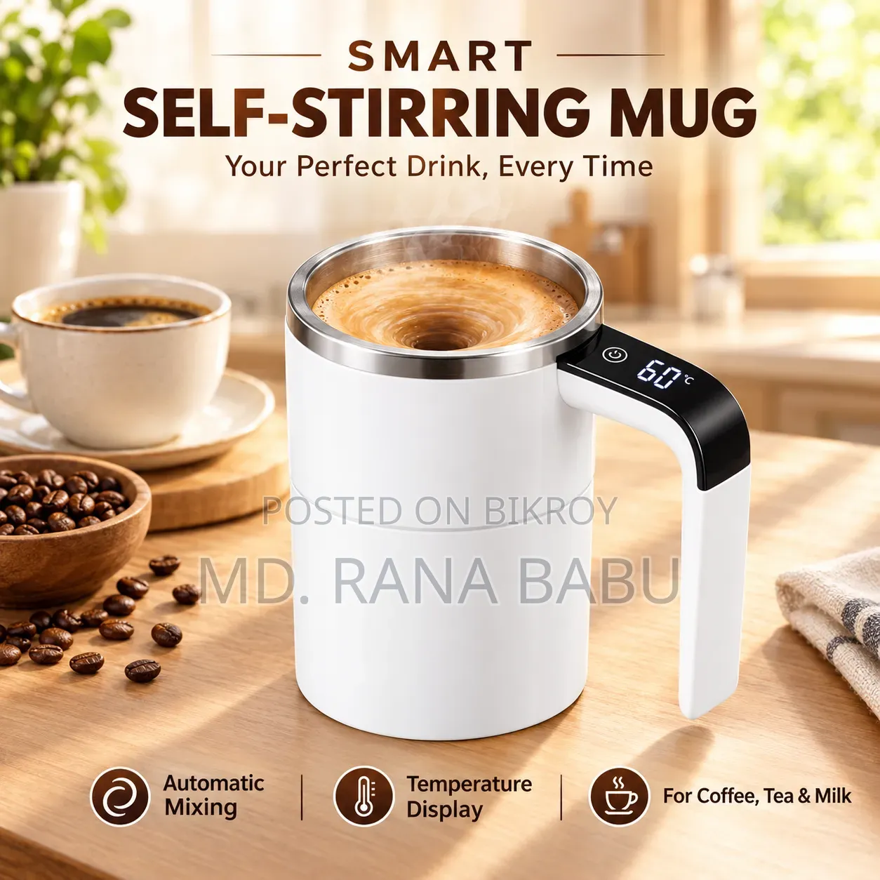 Electric Magnetic Self Stirring Mug for Mixing Coffee and Tea