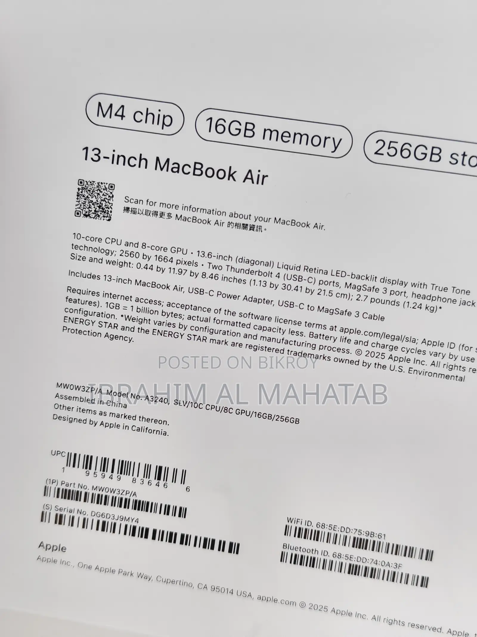 Laptop Apple MacBook Air 2025 M4 16GB Apple M4 SSD 256GB