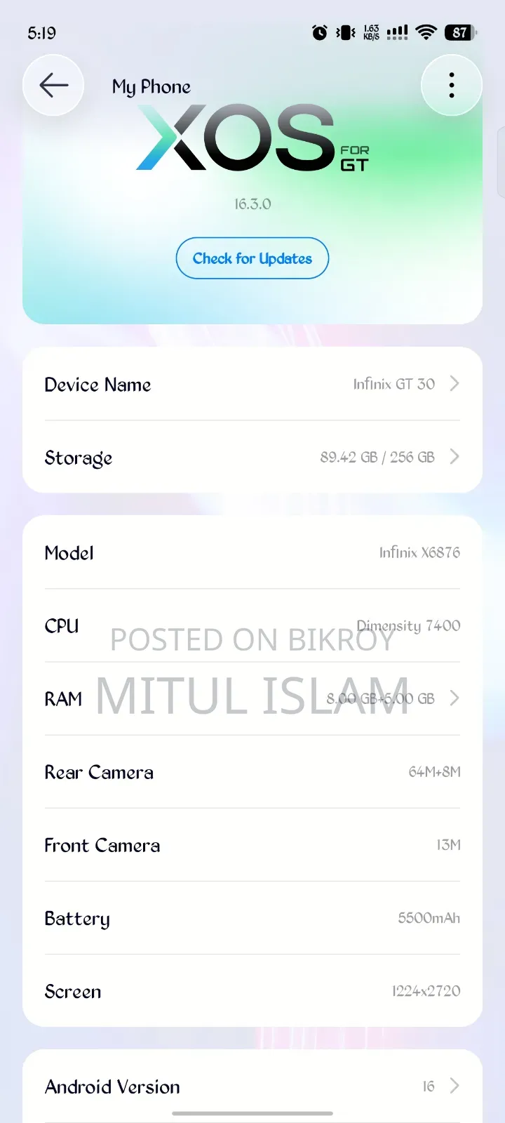 ইনফিনিক্স জিটি ৩০ ৫জি ২৫৬ জিবি গ্রে
