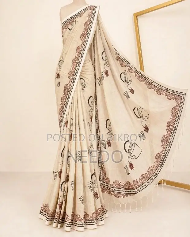 Exclusive Off-White Tea Lover Art Cotton Saree for Women